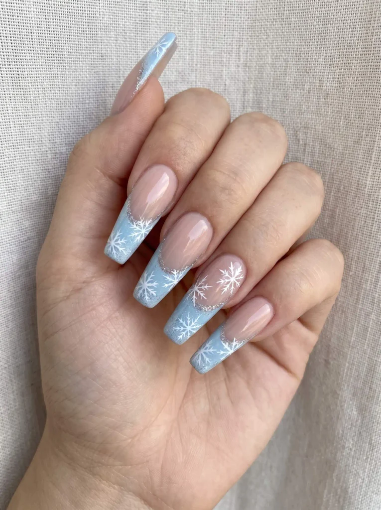 Blue Acrylic Coffin Snowflake Winter Nails