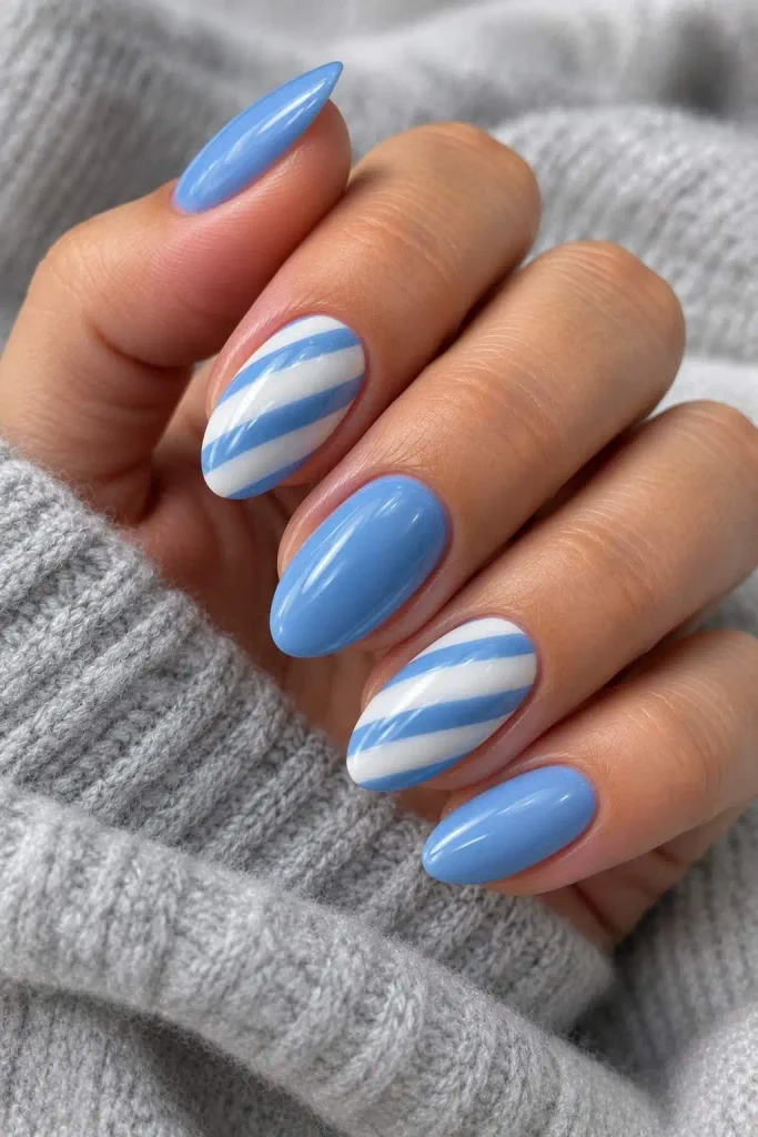 Blue Candy Cane Winter Nails