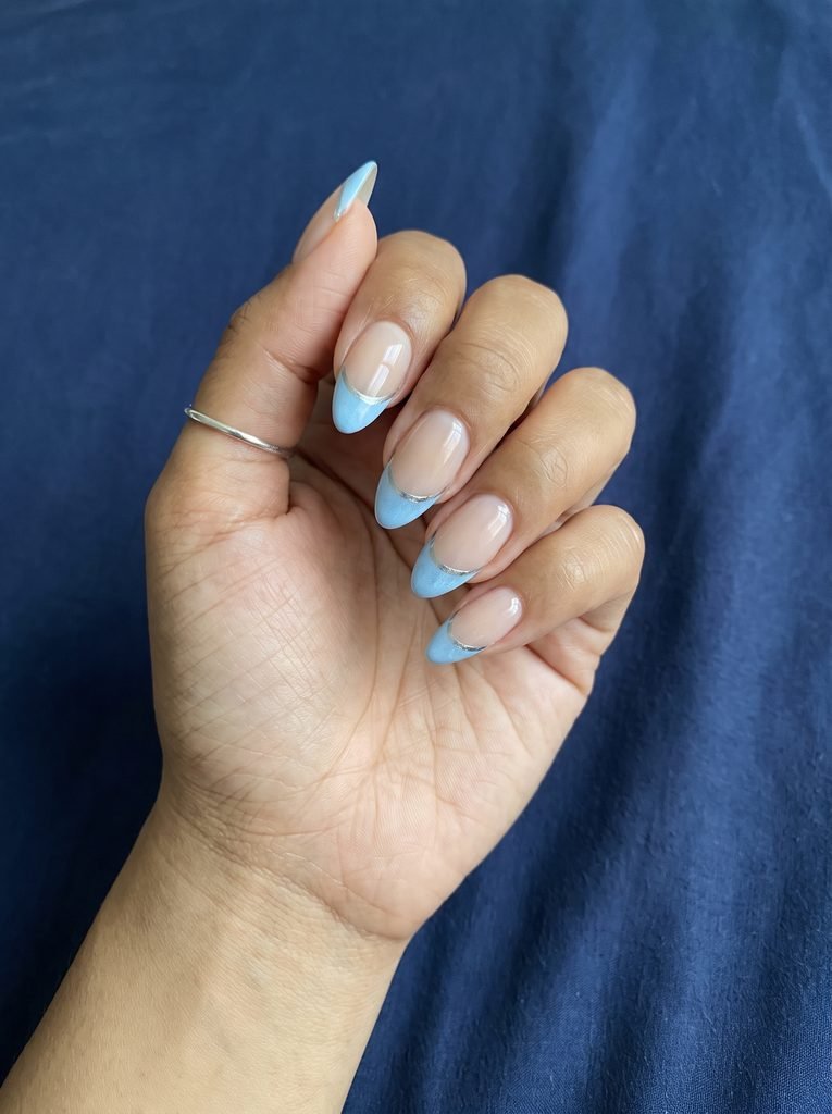 Blue Silver French Almond Nails