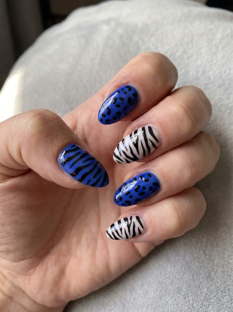 Blue Zebra and Cheetah Print Nails