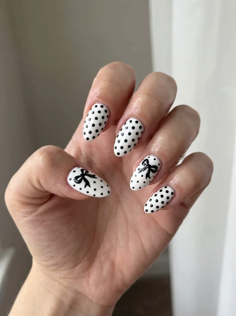 Bow black and white polka dot nails