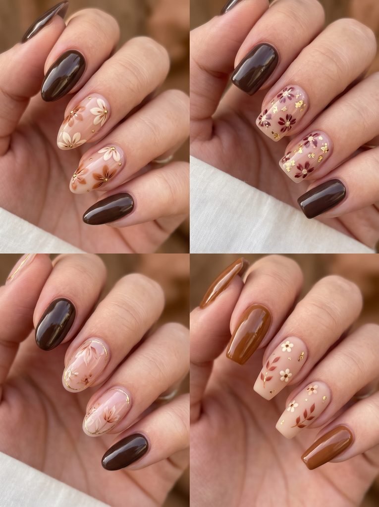 Brown Floral Gold Fall Nails