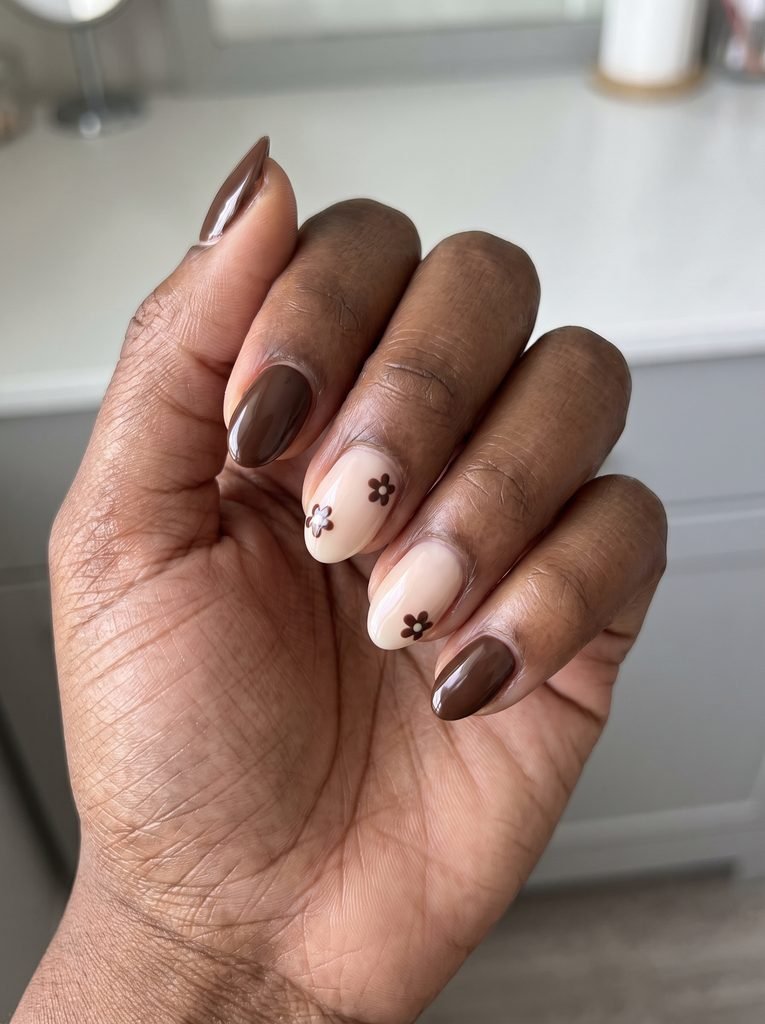 Brown Floral Very Short Almond Nails