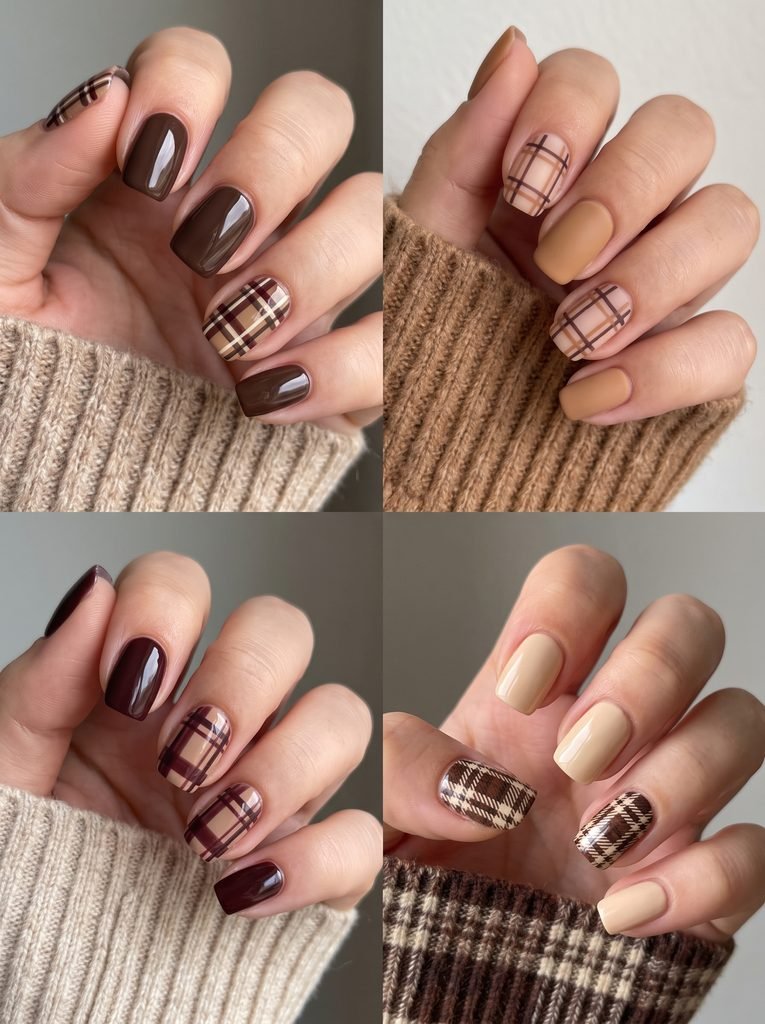 Brown Plaid Tartan Fall Nails