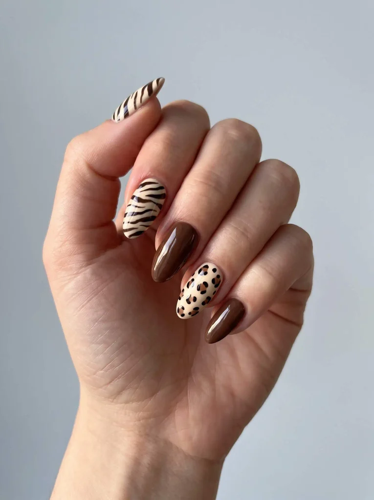 Brown Zebra and Cheetah Print Nails