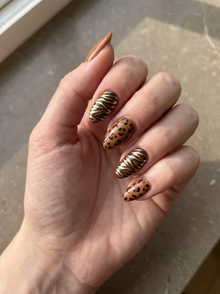 Brown and Gold Zebra Cheetah Nails