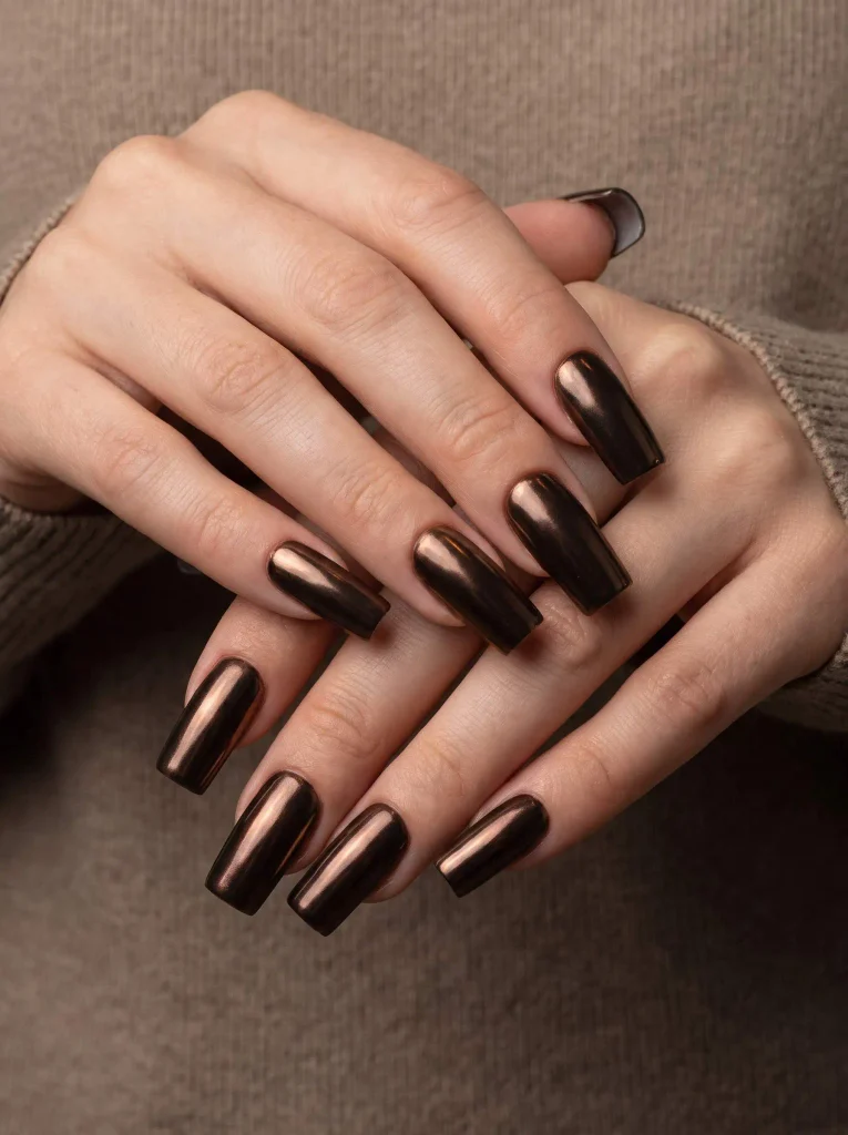 Brown chrome long square nails