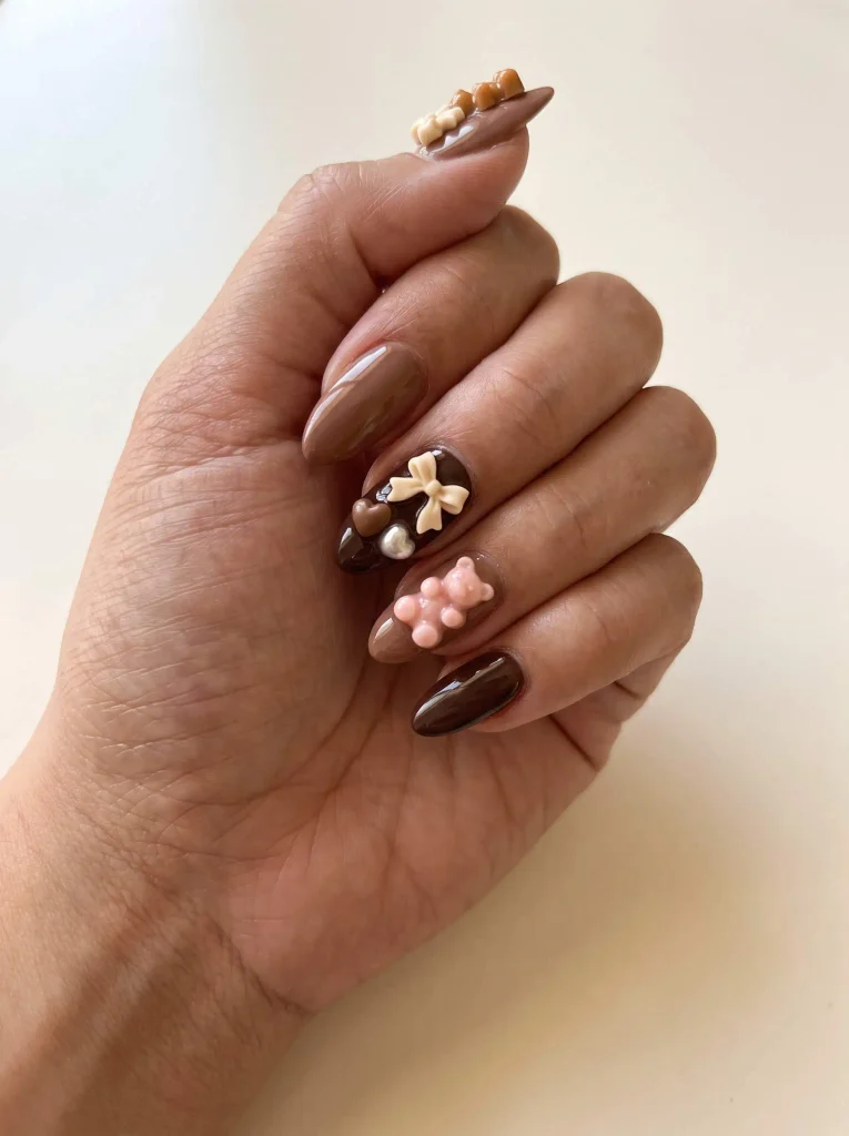 Brown gummy bear charm nails