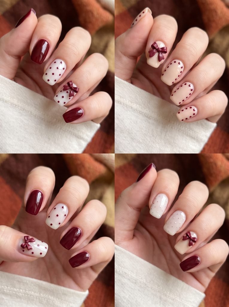 Burgundy Bow Polka Dot Nails
