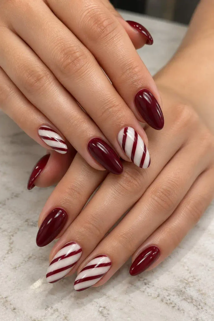Burgundy Candy Cane Stripe Nails