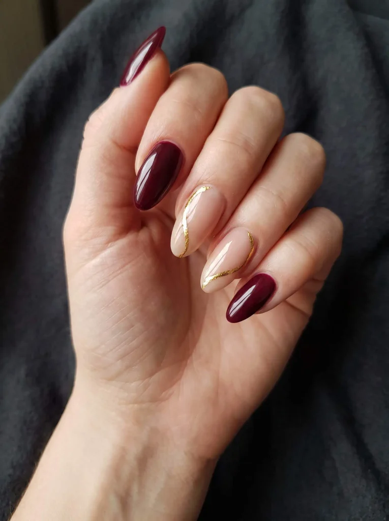 Burgundy Gold Leaf Nails