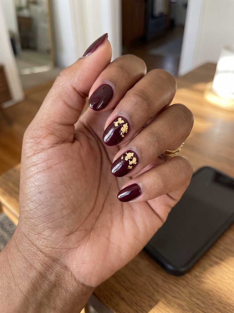 Burgundy Gold Leaf Short Nails
