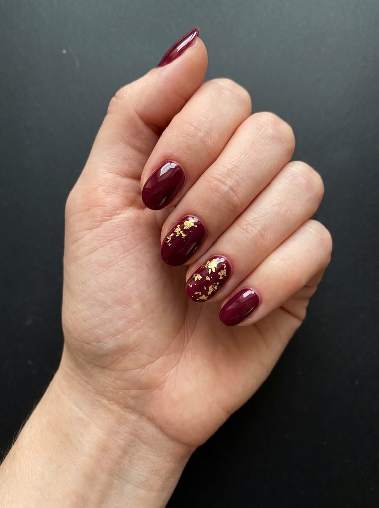 Burgundy Gold Leaf Short Nails
