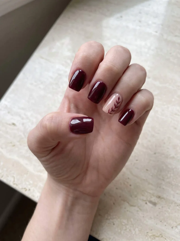 Burgundy Leaf Accent Gel X Nails