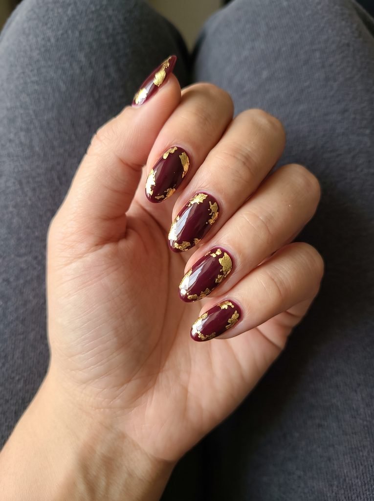 Burgundy Nails With Gold Leaf