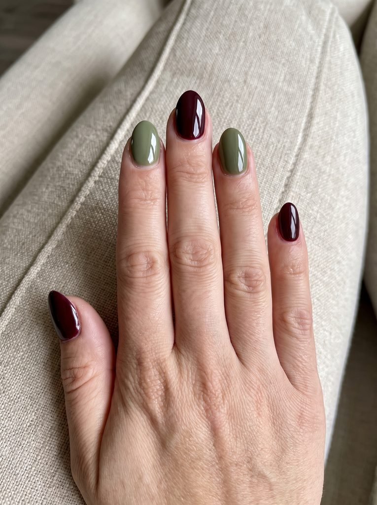 Burgundy Olive Short Almond Nails