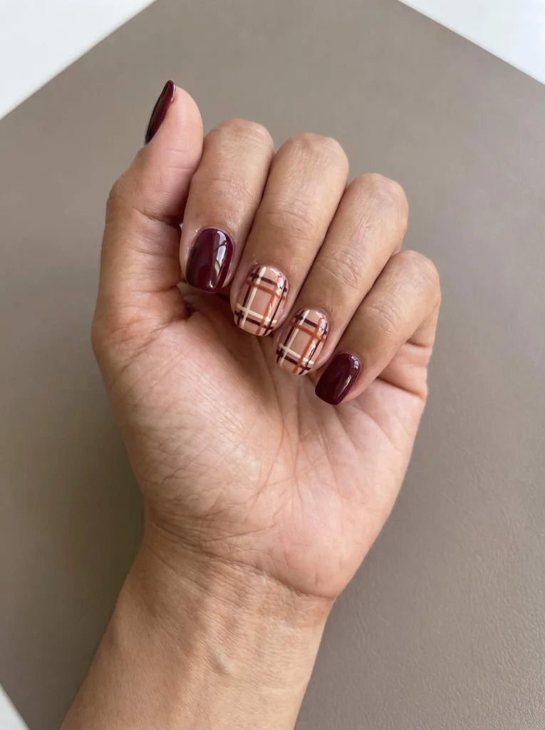 Burgundy Plaid Thanksgiving Nail Design