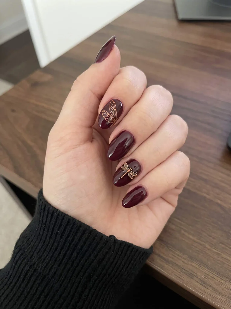 Burgundy fall dragonfly nails