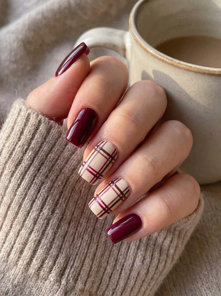 Burgundy plaid square nails