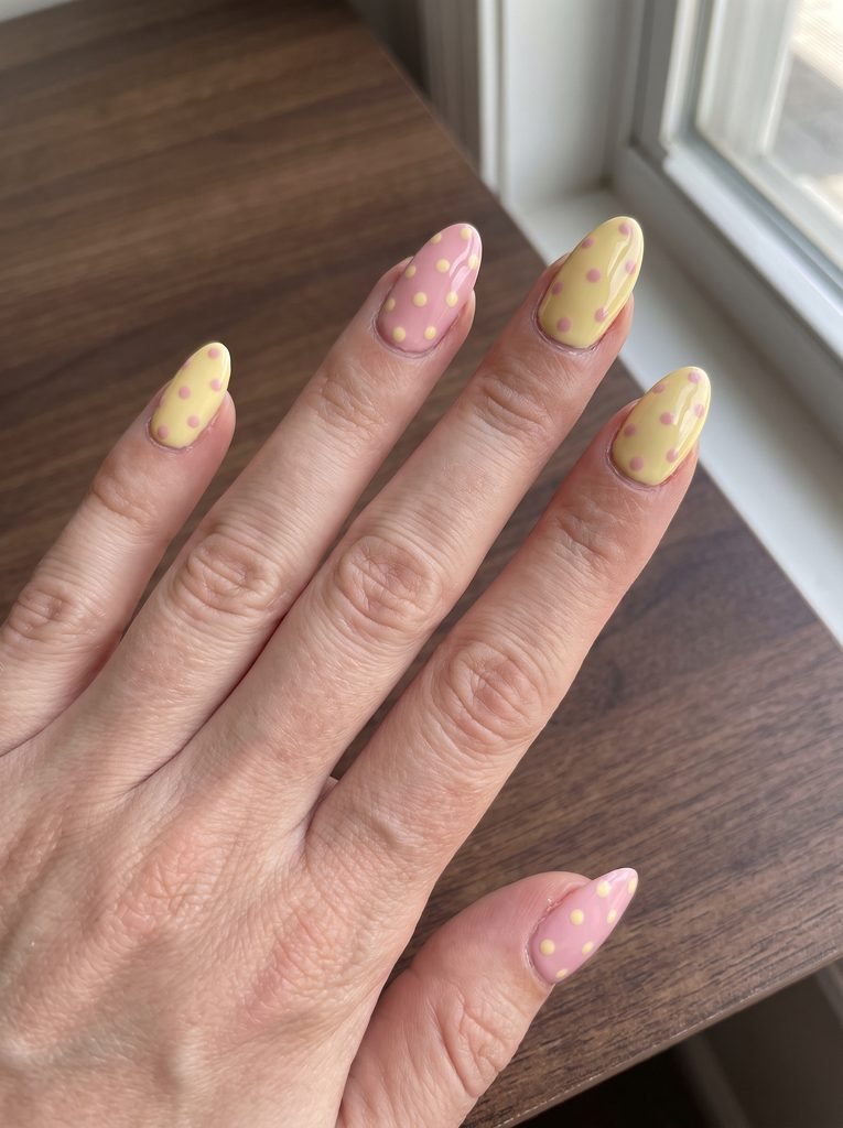 Butter yellow pink polka dot nails