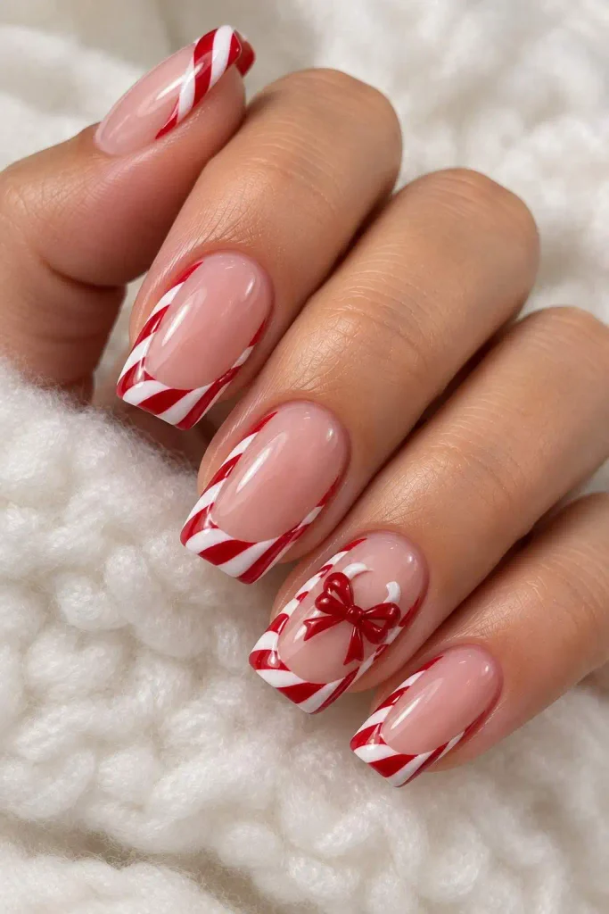 Candy Cane Bow Christmas Nails