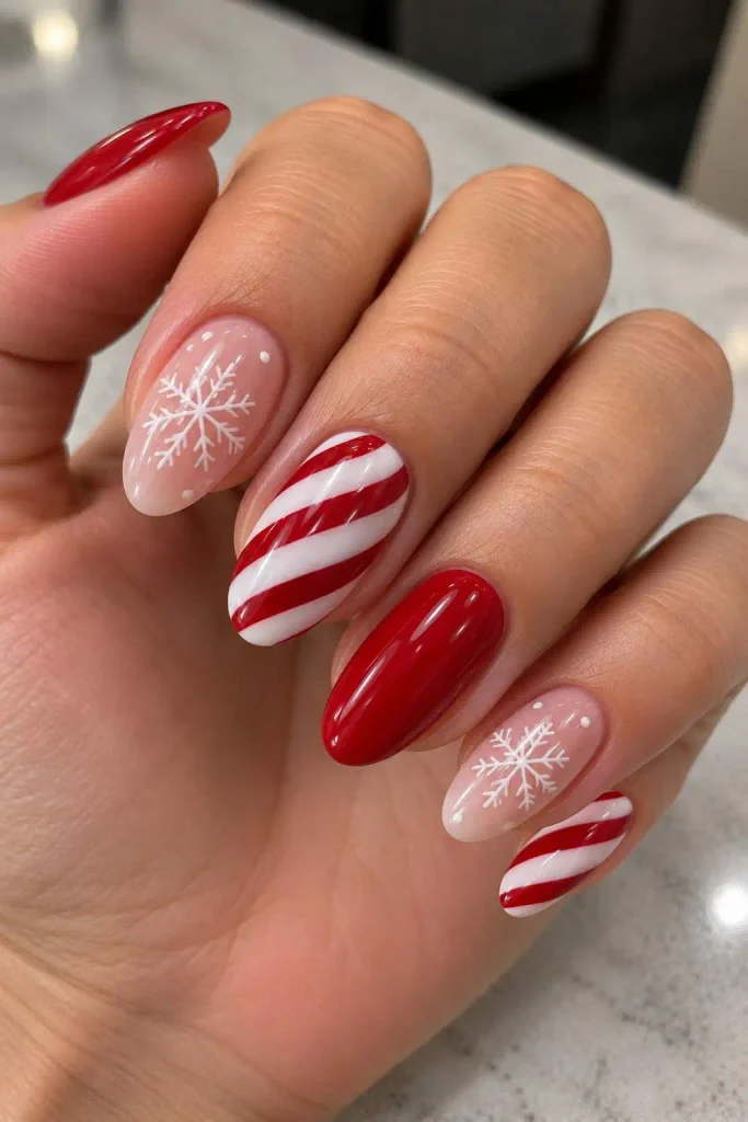 Candy Cane Snowflake Nails