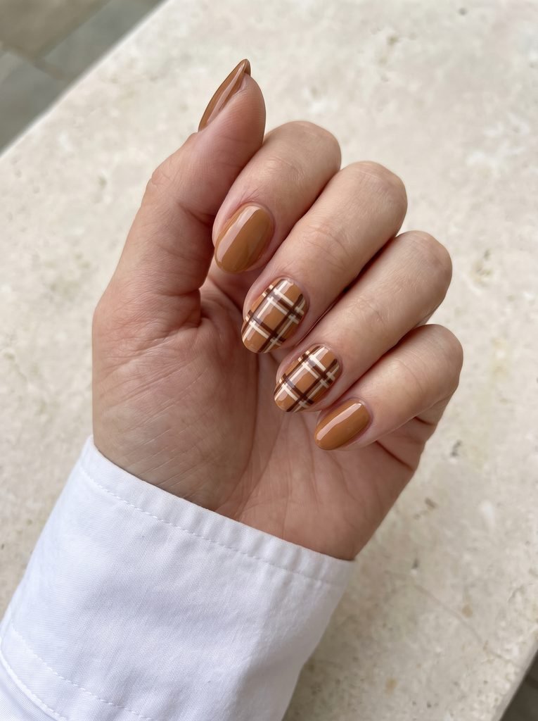 Caramel Plaid Short Almond Nails