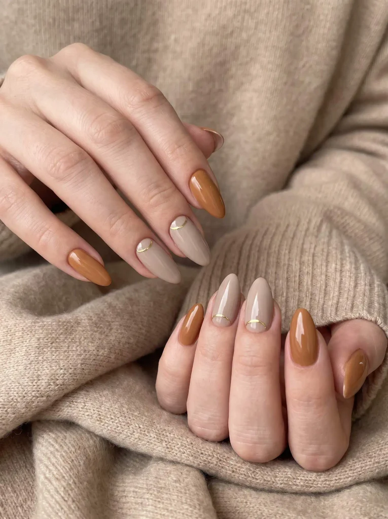 Caramel gold October almond nails