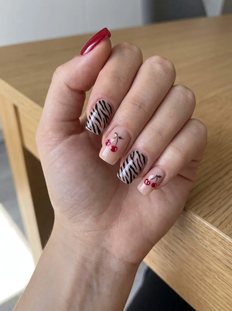 Cherry Zebra Print Nails