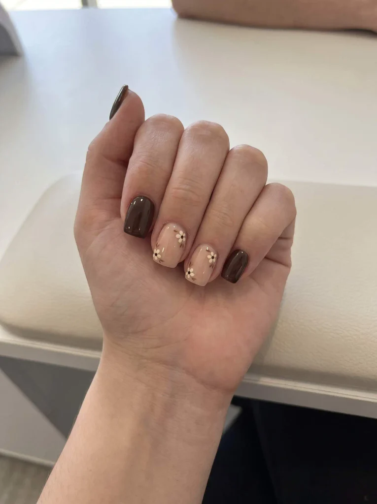 Chocolate Floral Short Square Gel X Nails