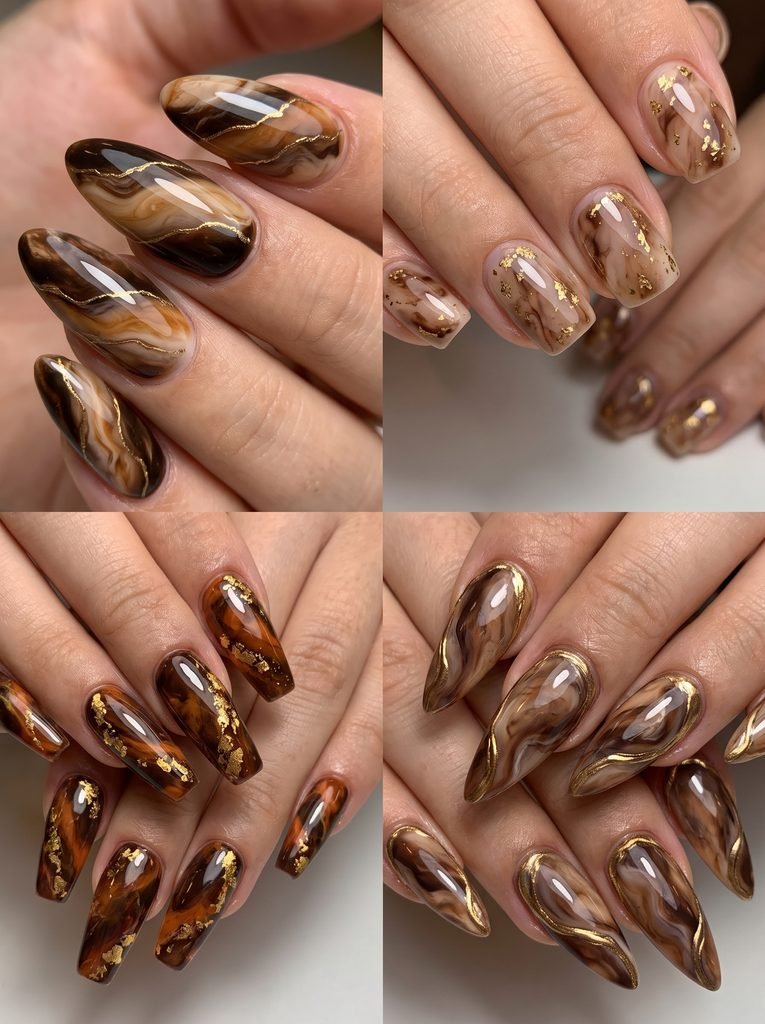 Chocolate Marble Gold Fall Nails