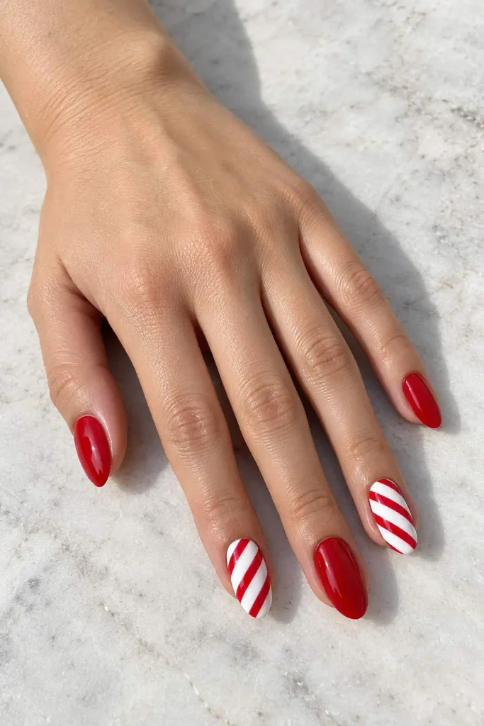 Classic Red and White Candy Cane Nails