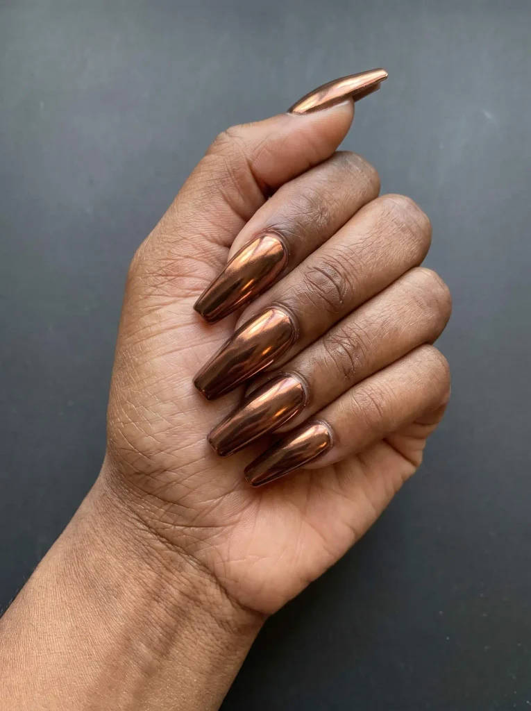 Coffin Copper Chrome Thanksgiving Nails