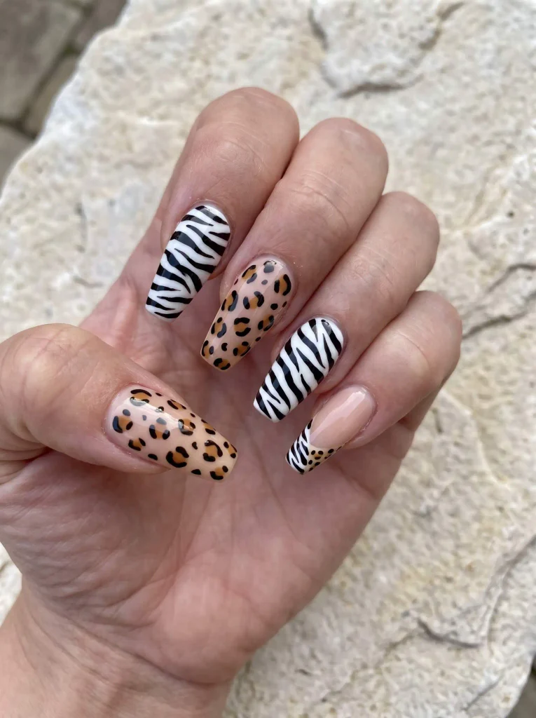 Coffin Zebra and Cheetah Print Nails