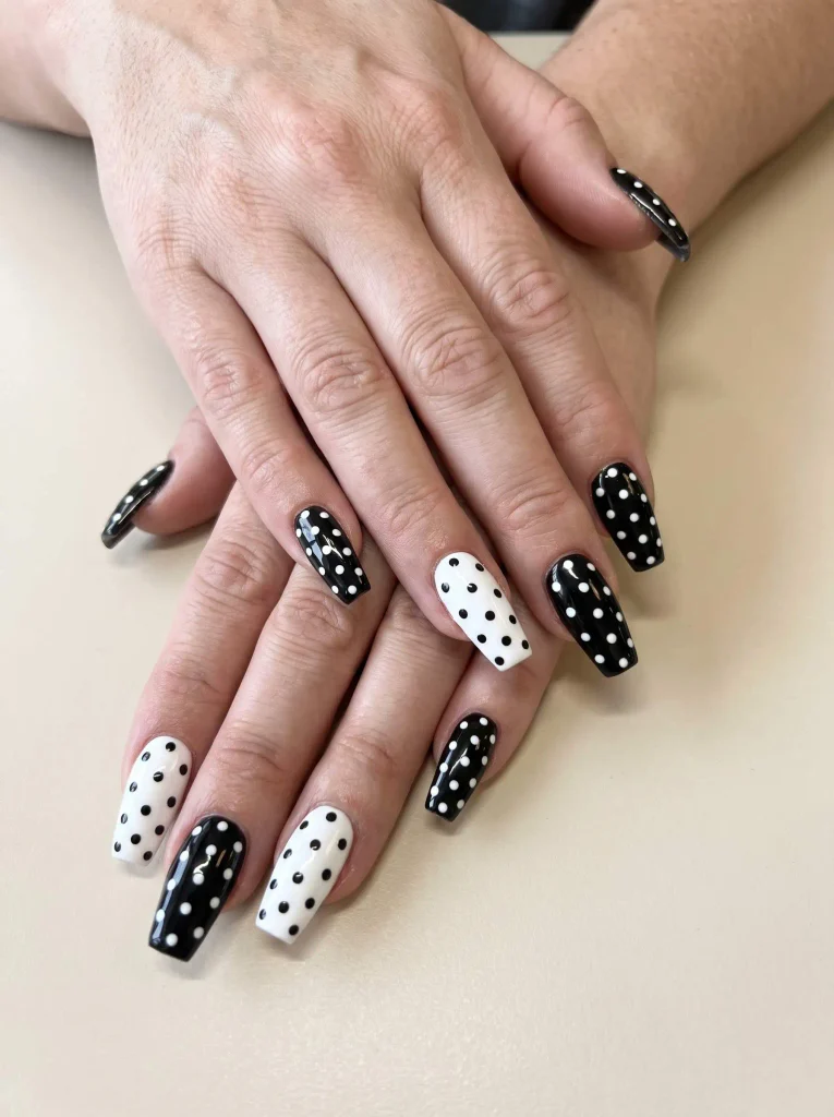 Coffin black and white polka dot nails