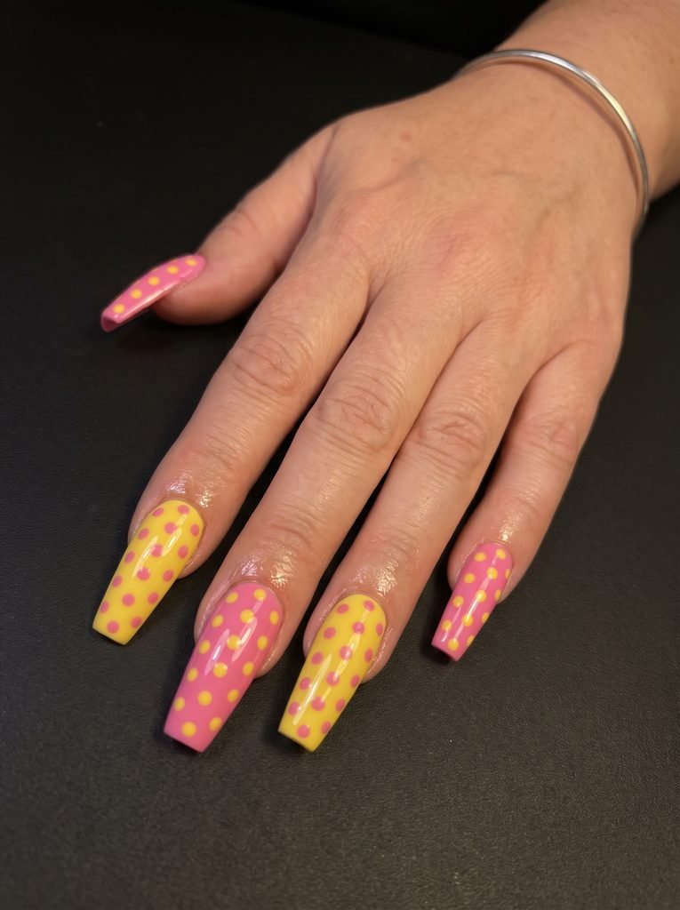 Coffin pink yellow polka dot nails