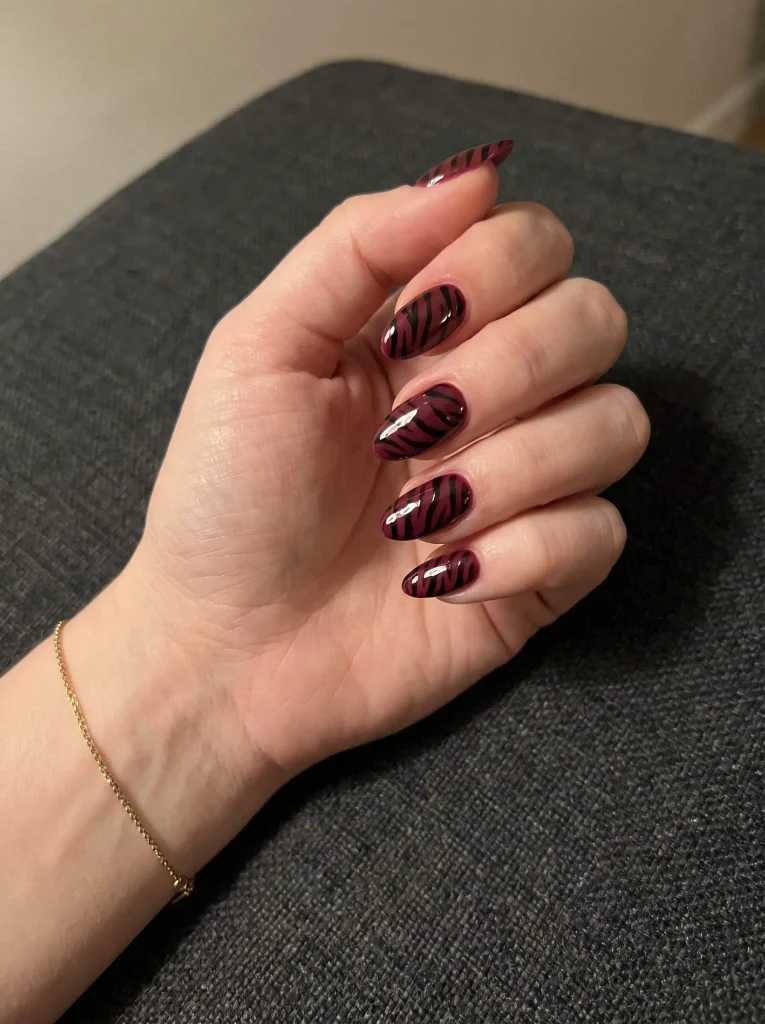 Dark Red Zebra Print Nails