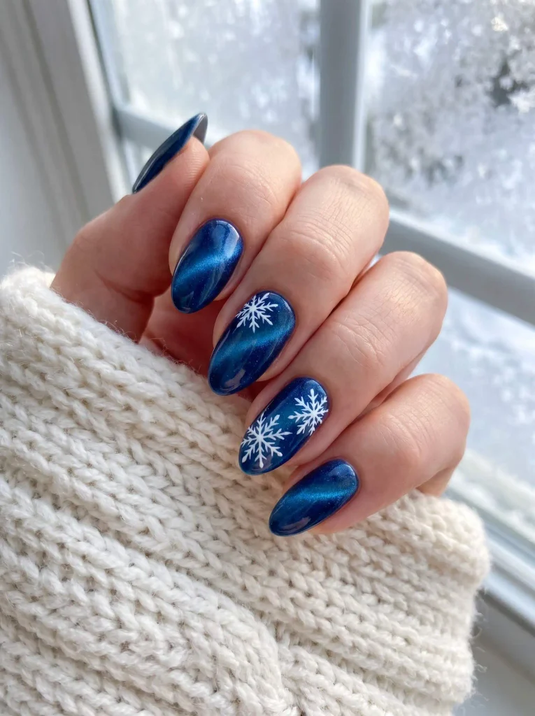 Deep Blue Cat Eye Snowflake Winter Nails