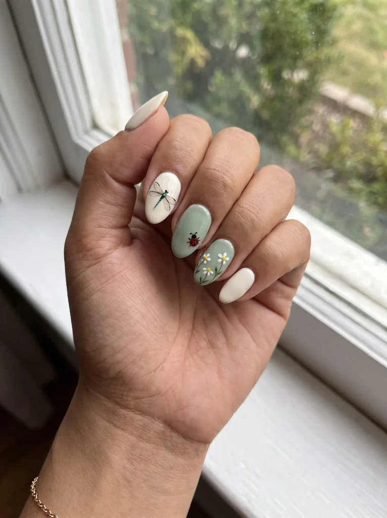 Dragonfly and ladybug cottagecore nails