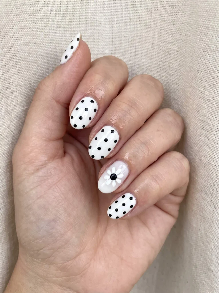 Flower black and white polka dot nails