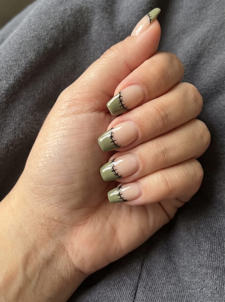 Frankenstein Stitch Coffin French Tips