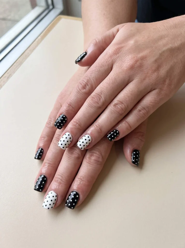 Full black and white polka dot nails