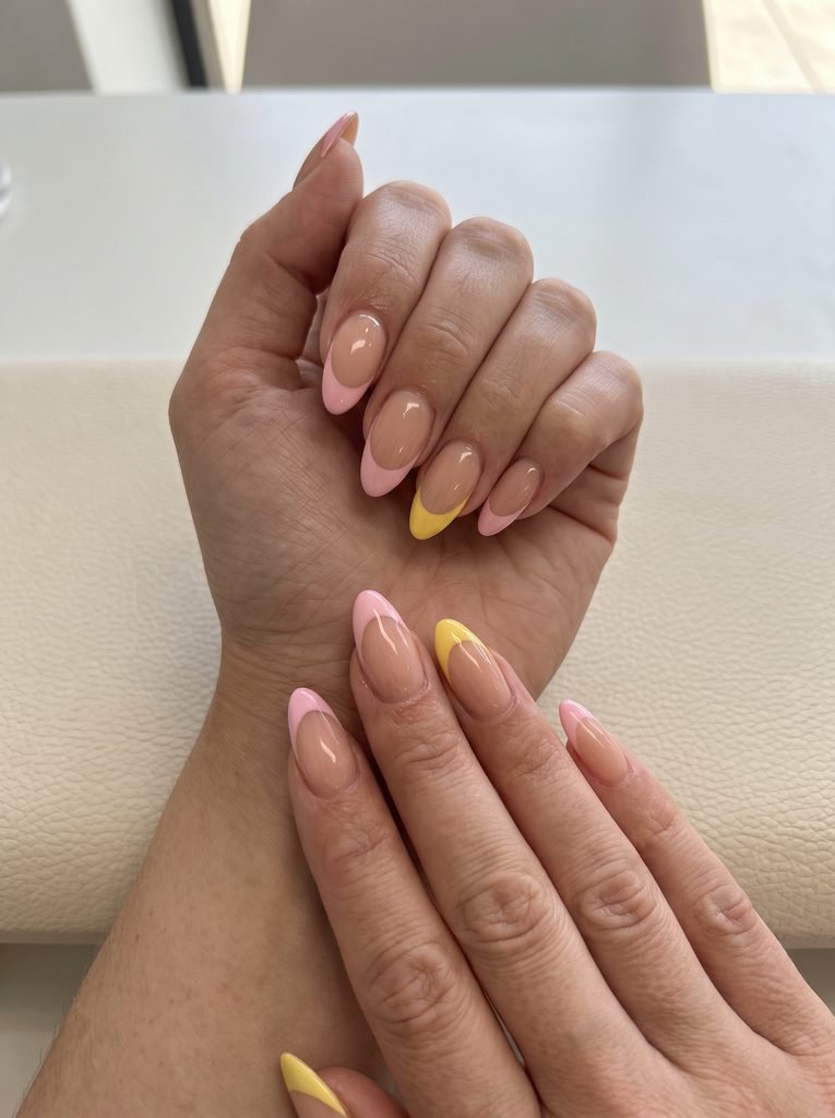 Gel X pink and yellow nails