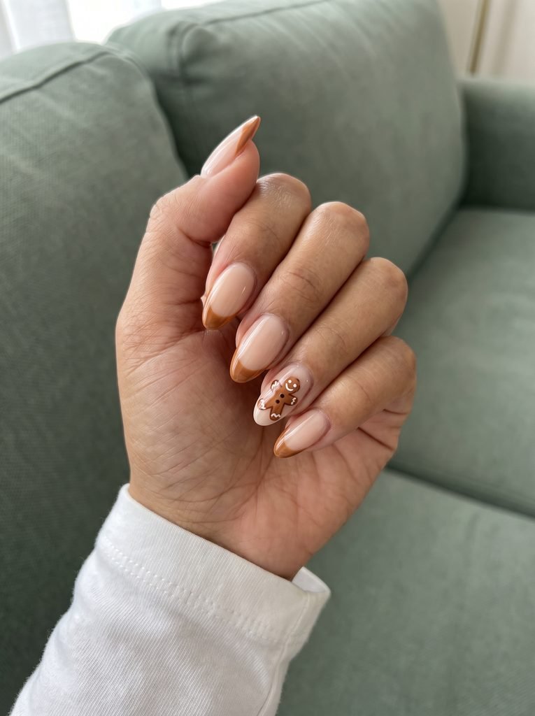 Gingerbread French Tip Almond Nails
