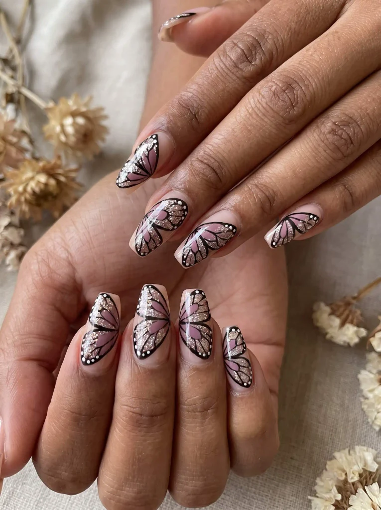 Glitter butterfly wing nails