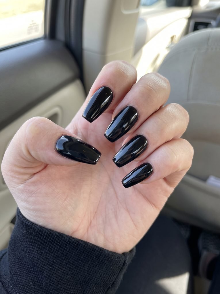 Glossy Black Medium Coffin Nails