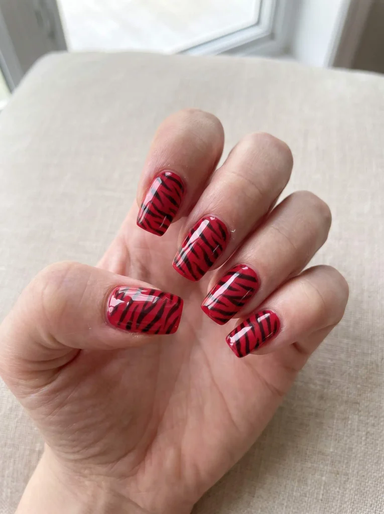 Glossy Red Zebra Print Nails