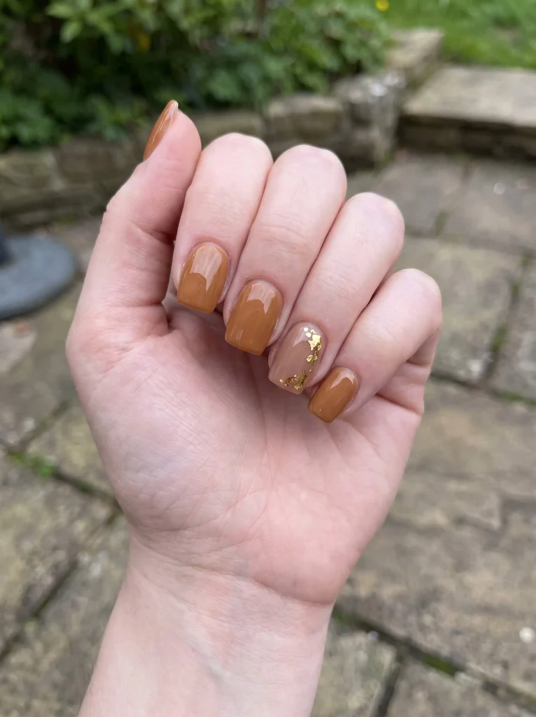 Gold Foil Brown Gel X Nails