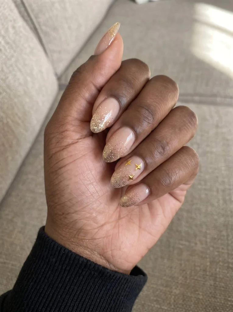 Gold Glitter Christmas Almond Nails