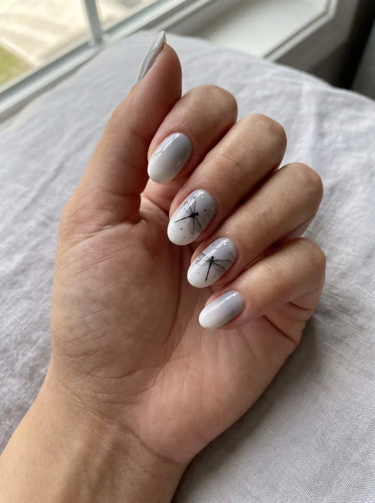 Gray and white dragonfly gradient nails